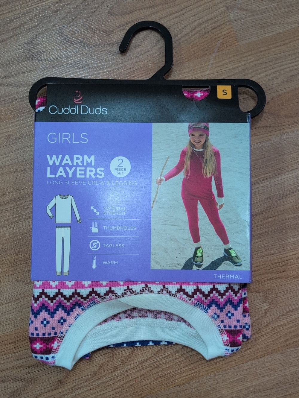 NWT - Cuddl Duds Girls Thermal Two-Piece Set - Bright Pink with Multicolor